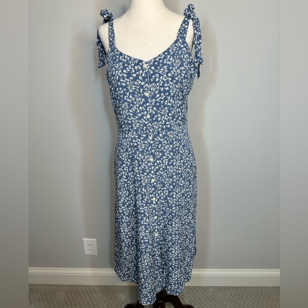 Sz 8 Tall Gap button front floral dress tie shoulder blue white midi fully lined